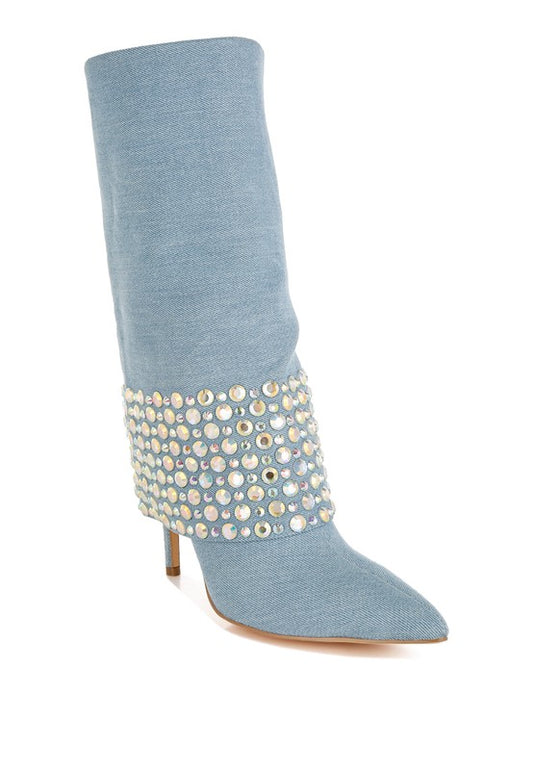 Mike Drop Diamante & Rhinestones Denim Boots - Tigbul's Variety Fashion Shop