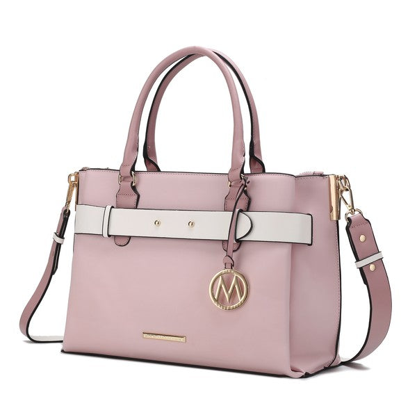 Jamie satchel in pink with white front strap and M-logo charm, adjustable crossbody