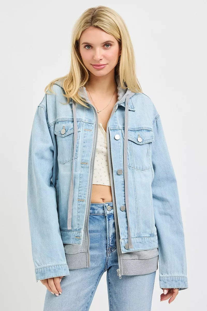 Light denim oversized hoodie jacket with snap buttons, hood, and front pockets