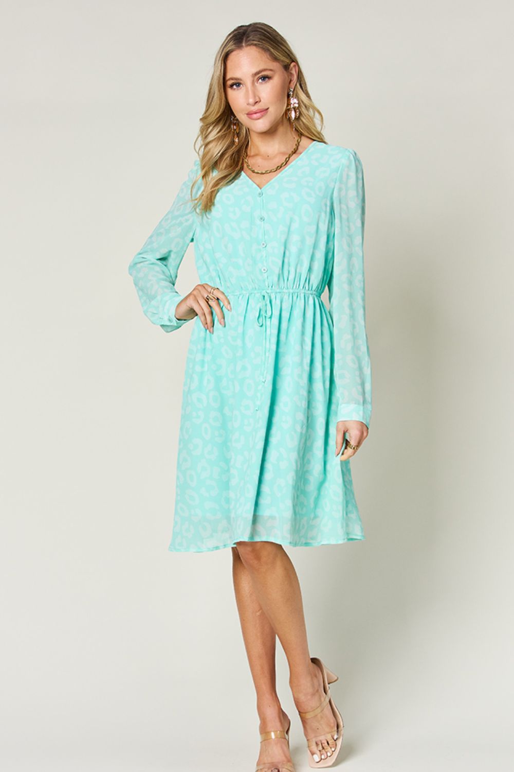 Double Take Full Size Printed Ruched V-Neck Long Sleeve Dress - Tigbul's Variety Fashion Shop