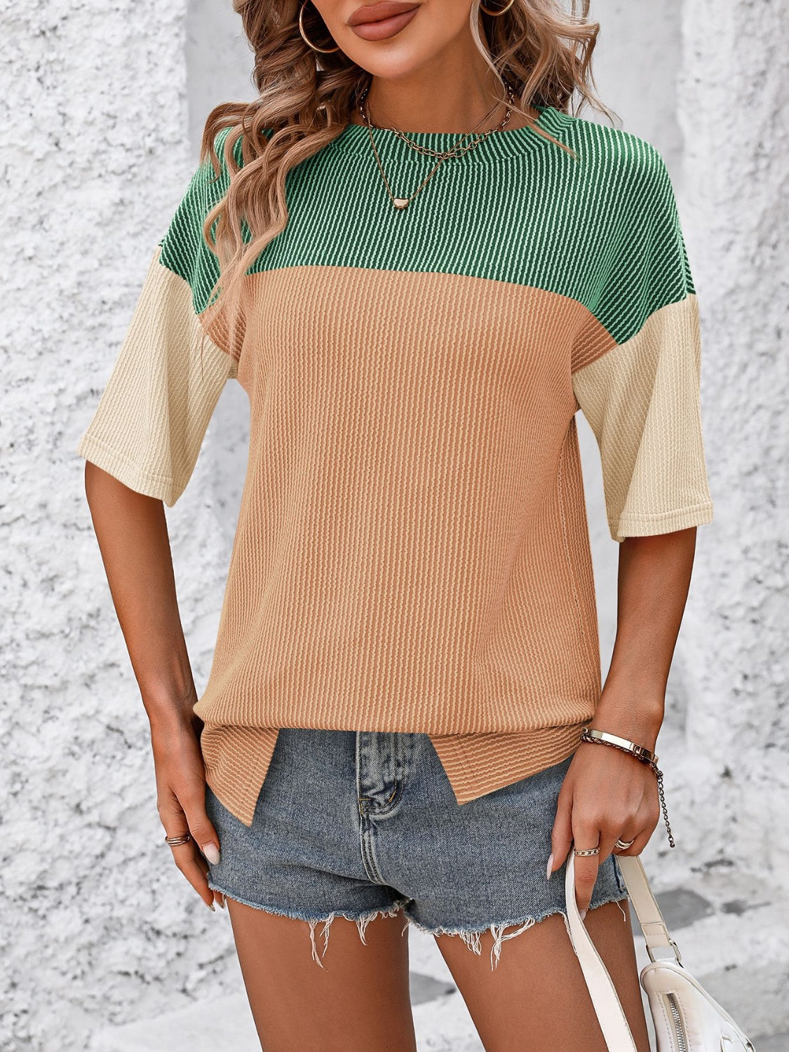 Color Block Round Neck Half Sleeve T-Shirt - Tigbuls Variety Fashion