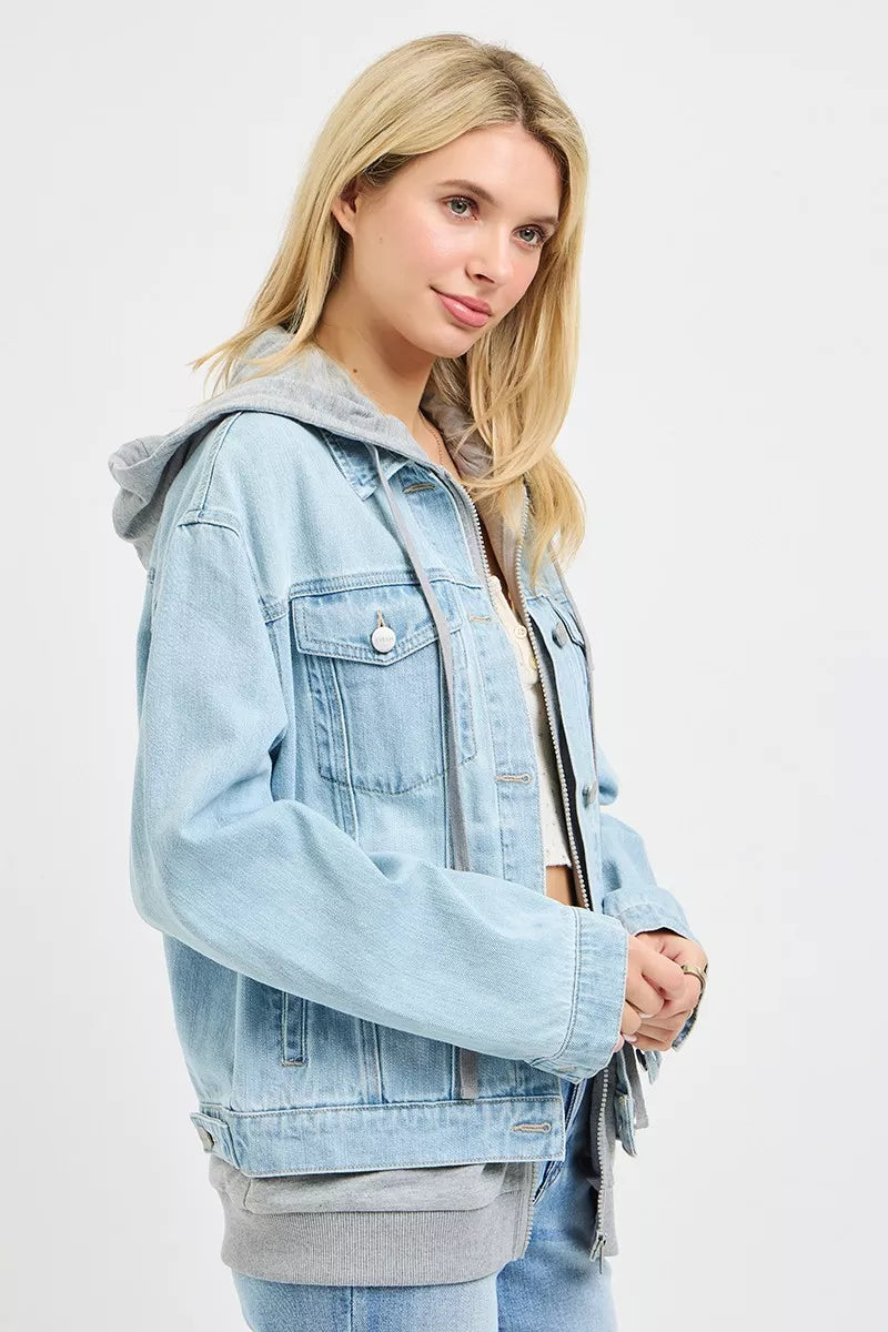 Light denim oversized hoodie jacket with hood, chest pocket flap, and snap front