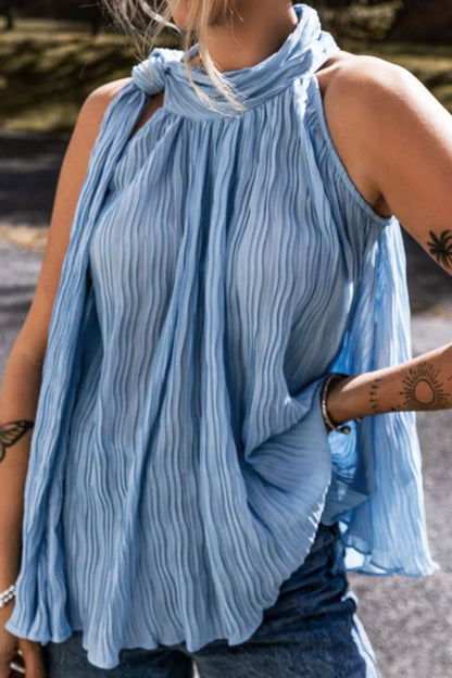 Textured Pleated Tied Mock Neck Flowy Blue Tank Top - Tigbul's Variety Fashion Shop