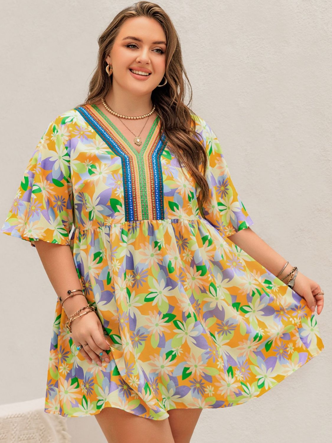 Plus Size Printed V-Neck Half Sleeve Mini Dress - Tigbul's Variety Fashion Shop