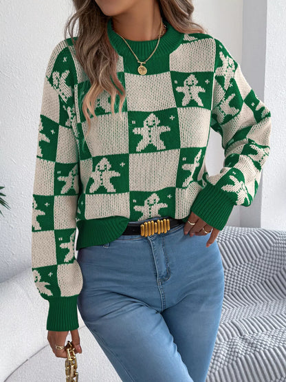 Christmas Checkerboard Gingerbread Round Neck Sweater - Tigbul's Variety Fashion Shop