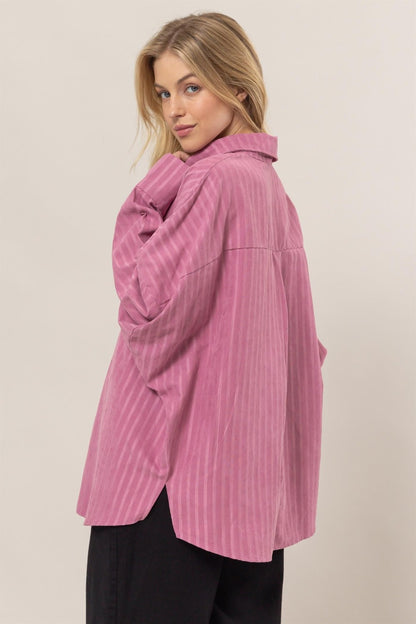 Stripe Button Down Long Sleeve Oversized Shirt - Tigbul's Variety Fashion Shop