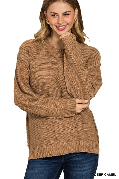 Zenana Exposed Seam Round Neck Sweater - Tigbul's Variety Fashion Shop