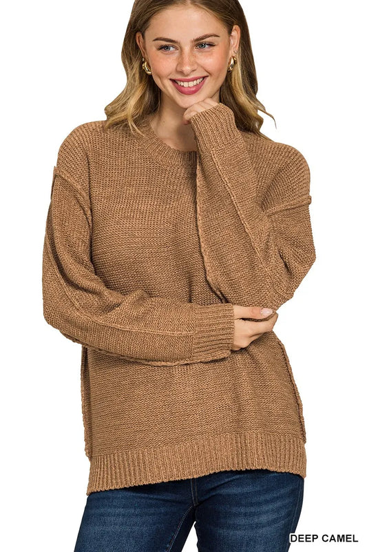 Zenana Exposed Seam Round Neck Sweater - Tigbul's Variety Fashion Shop