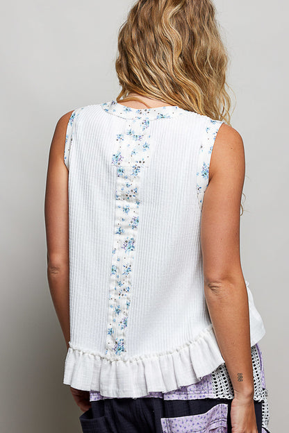 Floral Print Patch Ribbed Tank with Double Gauze Ruffle Accents | Tigbuls