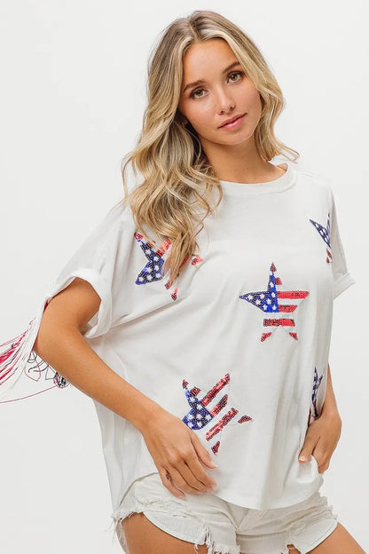 American Flag Sequin Star Fringe Top - Tigbul's Variety Fashion Shop