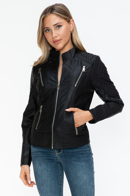 Black Faux Leather Zip Up Mock Neck Jacket