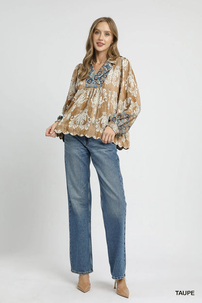 Umgee Floral Boho Blouse with Scalloped Hem - Tigbul's Variety Fashion Shop