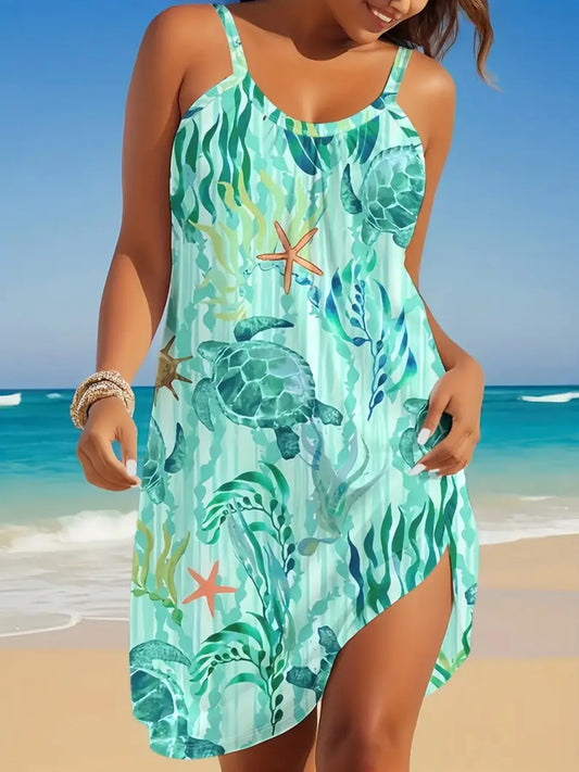 Sea Turtle Print Beach Cami Dress - Tigbul's Variety Fashion Shop