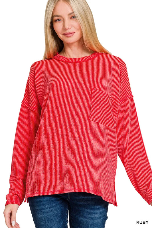 Zenana Long Sleeve Drop Shoulder Rib Top - Tigbul's Variety Fashion Shop