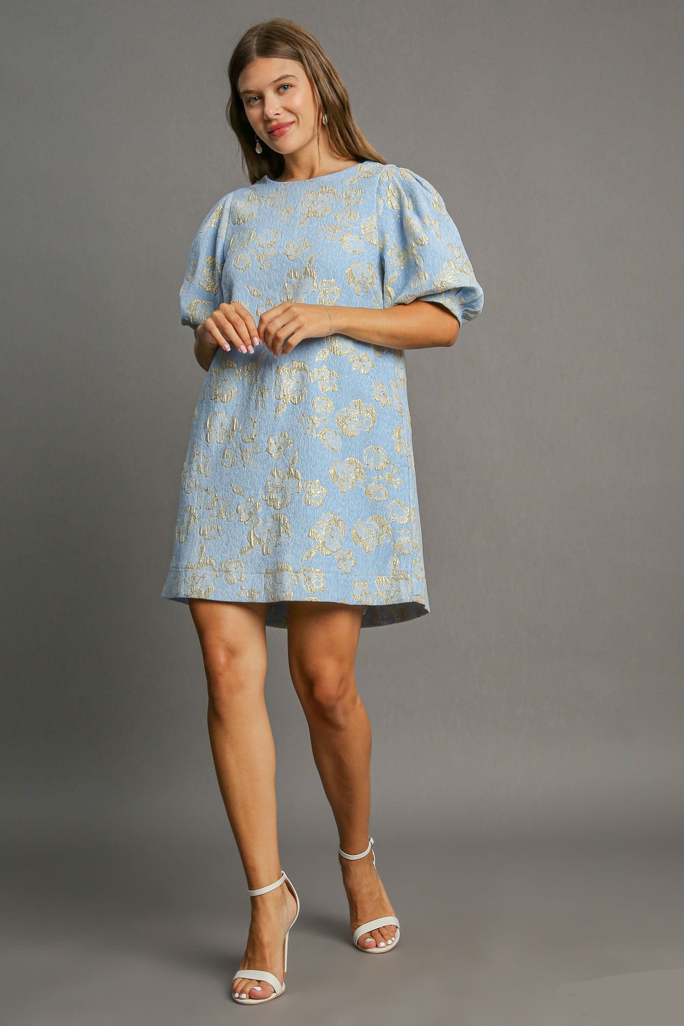 Umgee Floral Jacquard Puff Sleeve Mini Dress - Tigbul's Variety Fashion Shop