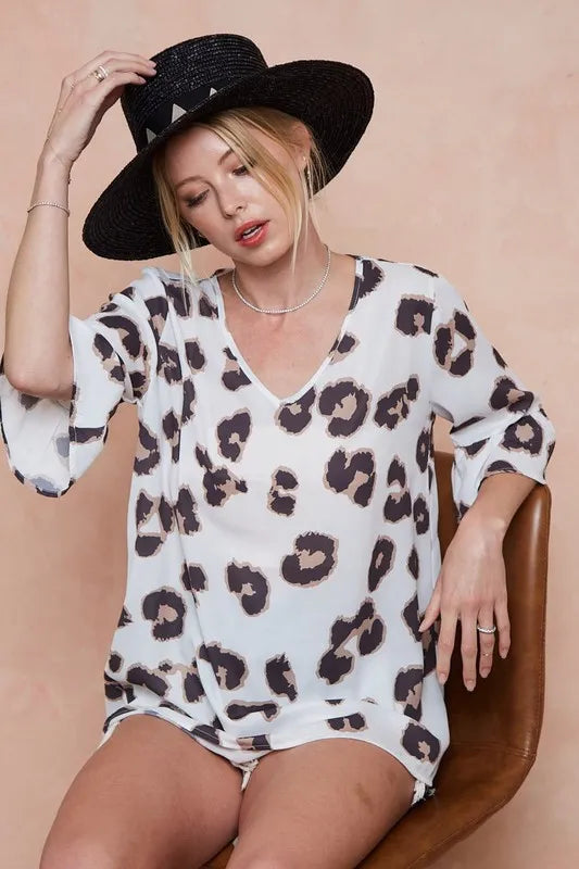 BiBi Leopard Printed V Neck Woven Top with Ruffled - Tigbul's Variety Fashion Shop