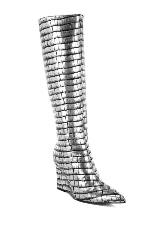 Bass Head Croco Metallic Wedge Heel Long Boots - Tigbul's Variety Fashion Shop