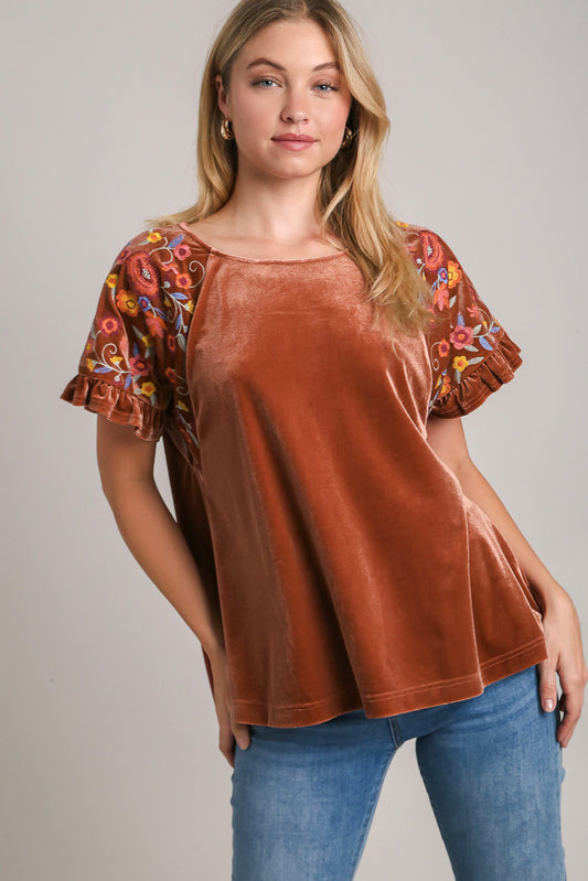 Umgee Velvet Embroidery Short Sleeve Blouse - Tigbul's Variety Fashion Shop