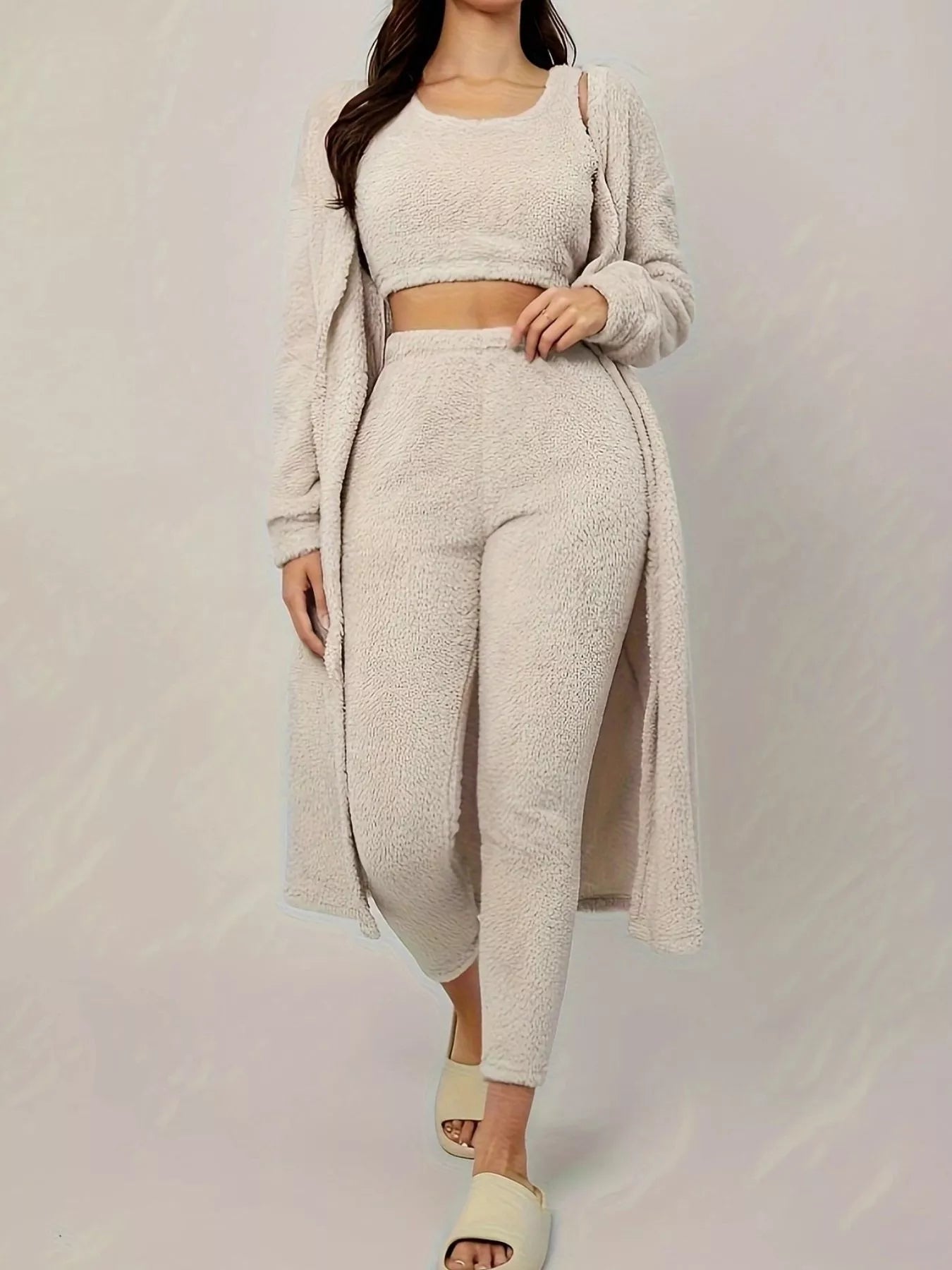 Fuzzy Tank Long Sleeve Cardigan and Pants 3-Piece Lounge Set - Tigbul's Variety Fashion Shop