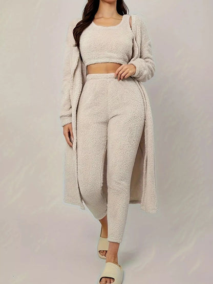 Fuzzy Tank Long Sleeve Cardigan and Pants 3-Piece Lounge Set - Tigbul's Variety Fashion Shop
