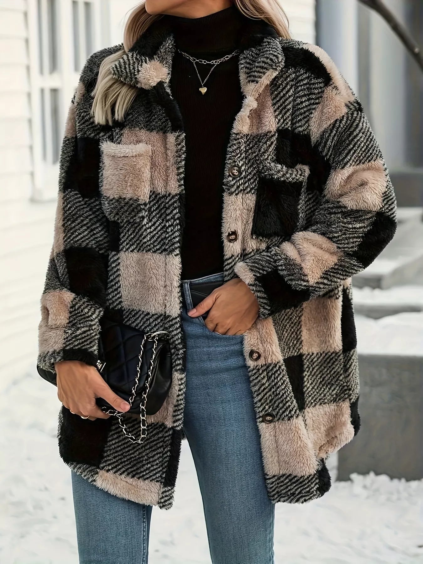 Plaid Fleece Button-Down Outerwear - Tigbul's Variety Fashion Shop