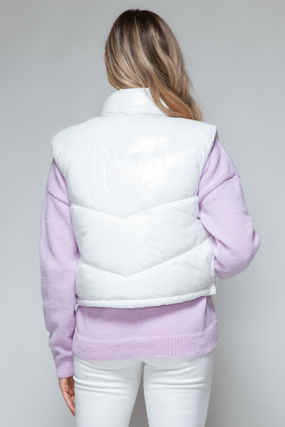 White Zip Up Turtleneck Shiny Quilted Vest - Tigbul's Variety Fashion Shop