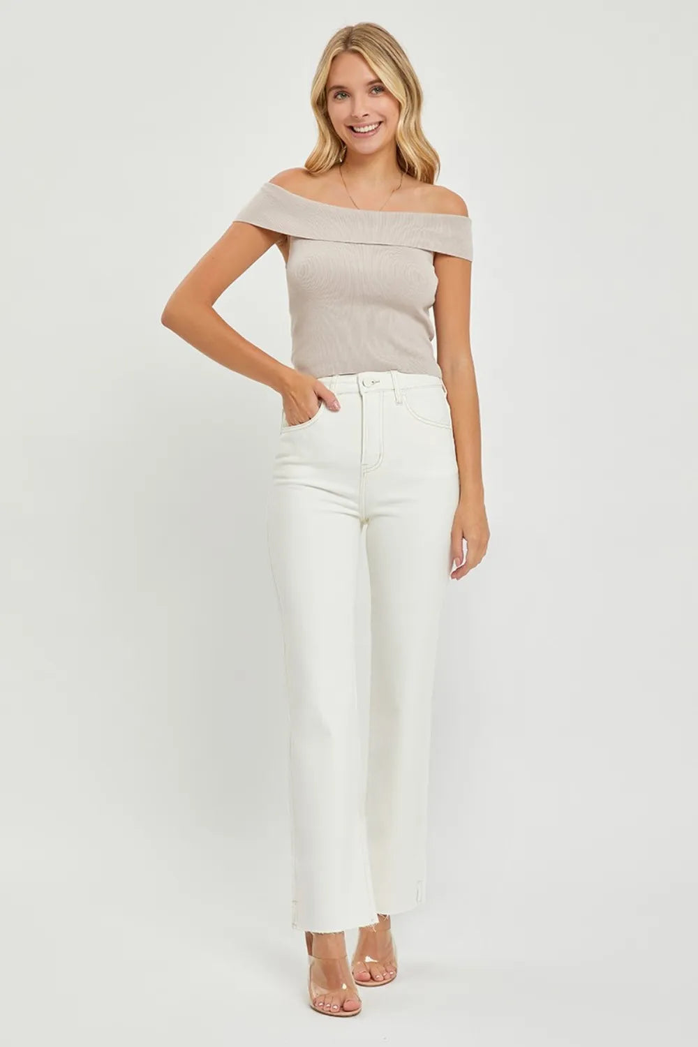 Size 1XL High Rise Cream Color Tummy Control Straight Jeans | Tigbuls