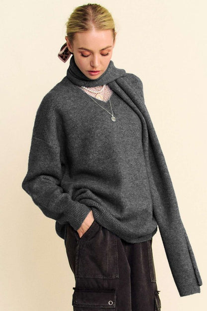 Davi & Dani V-Neck Dropped Shoulder Sweater with Scarf Set - Tigbul's Variety Fashion Shop