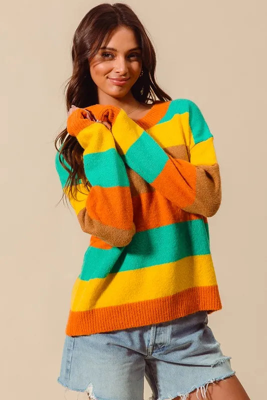 SO ME Multi Color Stripe Sweater with Ribbed Detail - Tigbul's Variety Fashion Shop