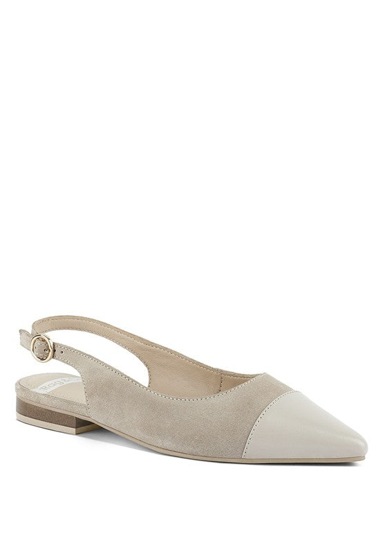 White and beige genuine leather slingback flats with low block heel and buckle