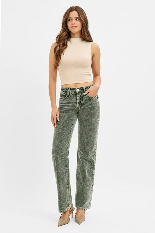 RISEN Tummy Control Mid Rise Straight Leg Corduroy Pants - Tigbul's Variety Fashion Shop