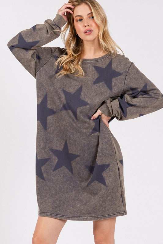 SAGE + FIG Washed Star Print Round Neck Dress - Tigbul's Variety Fashion Shop