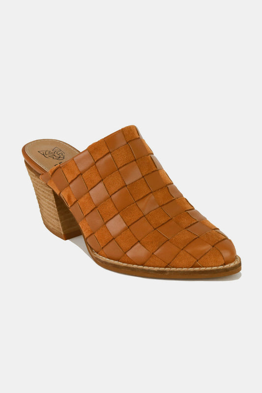Brown Woven Checkerboard Block Heel Mule Shoes - Tigbul's Variety Fashion Shop