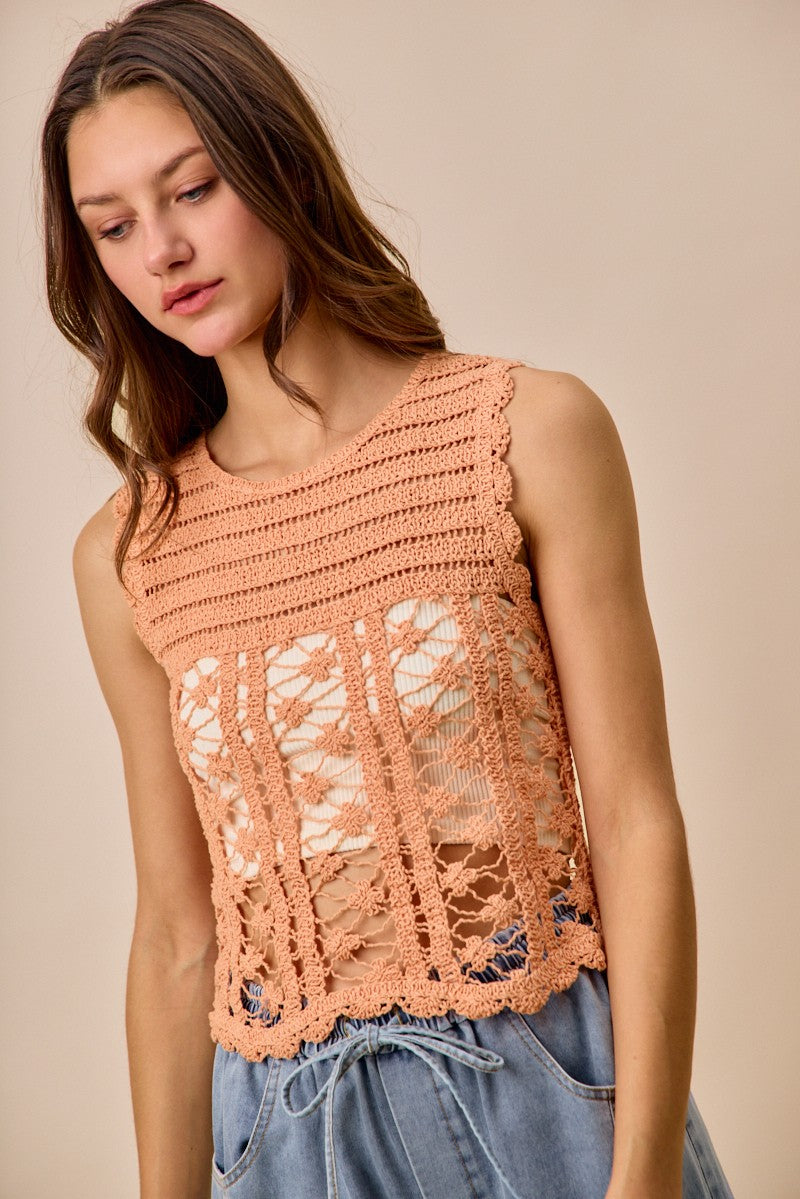 Peach Color Crochet Knit Lace Sweater Tank Top - Tigbul's Variety Fashion Shop