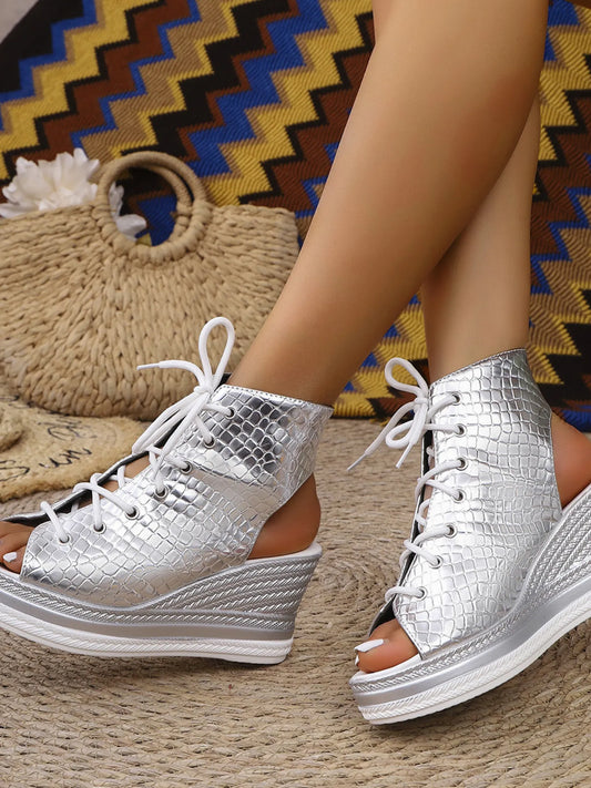 Lace Up Open Toe Wedge Sandals - Tigbul's Variety Fashion Shop