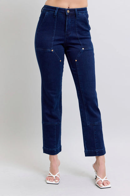 Judy Blue Full Size Hw Work Wear Knee Patch Straight Jeans Plus Size - Tigbul's Variety Fashion Shop
