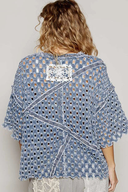 POL V-Neck Short Sleeve Top with Laser Cut Detail - Tigbul's Variety Fashion Shop