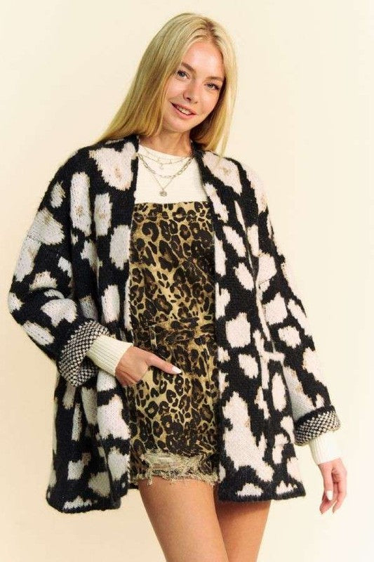 Black Leopard Open Front Long Sleeve Cardigan - Tigbul's Variety Fashion Shop