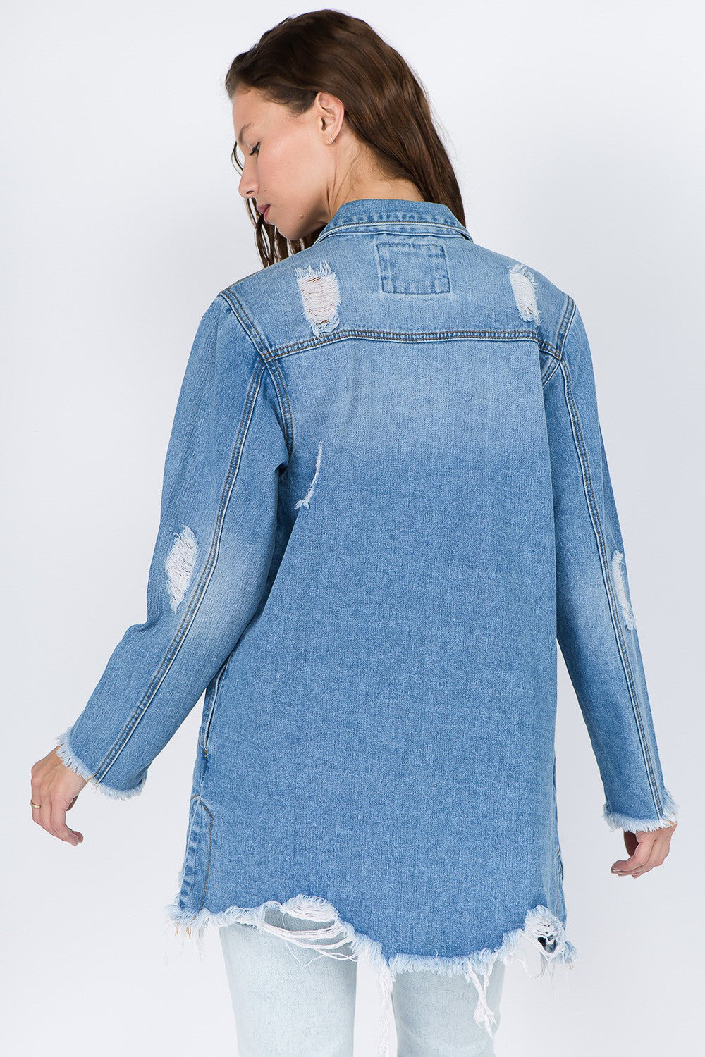 Blue Distressed Frayed Hem Denim Jacket - Tigbul's Variety Fashion Shop