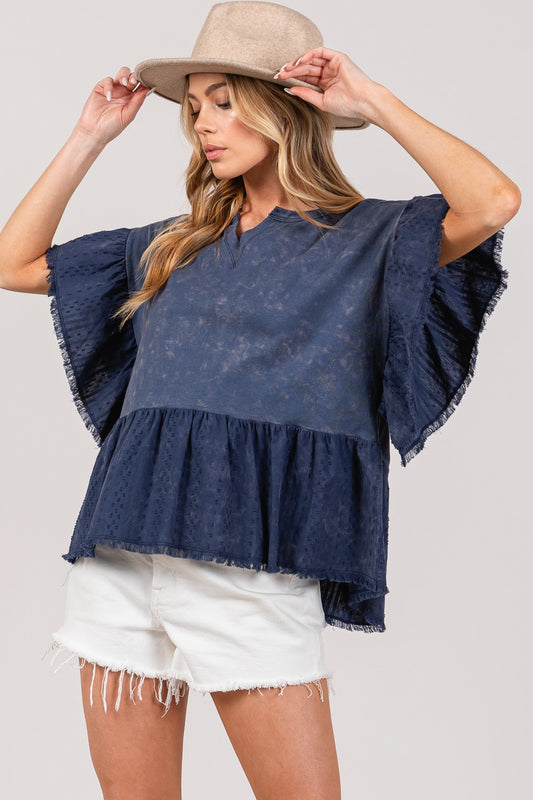 SAGE + FIG Ruffle Sleeve Washed Short Sleeve Blouse - Tigbul's Variety Fashion Shop