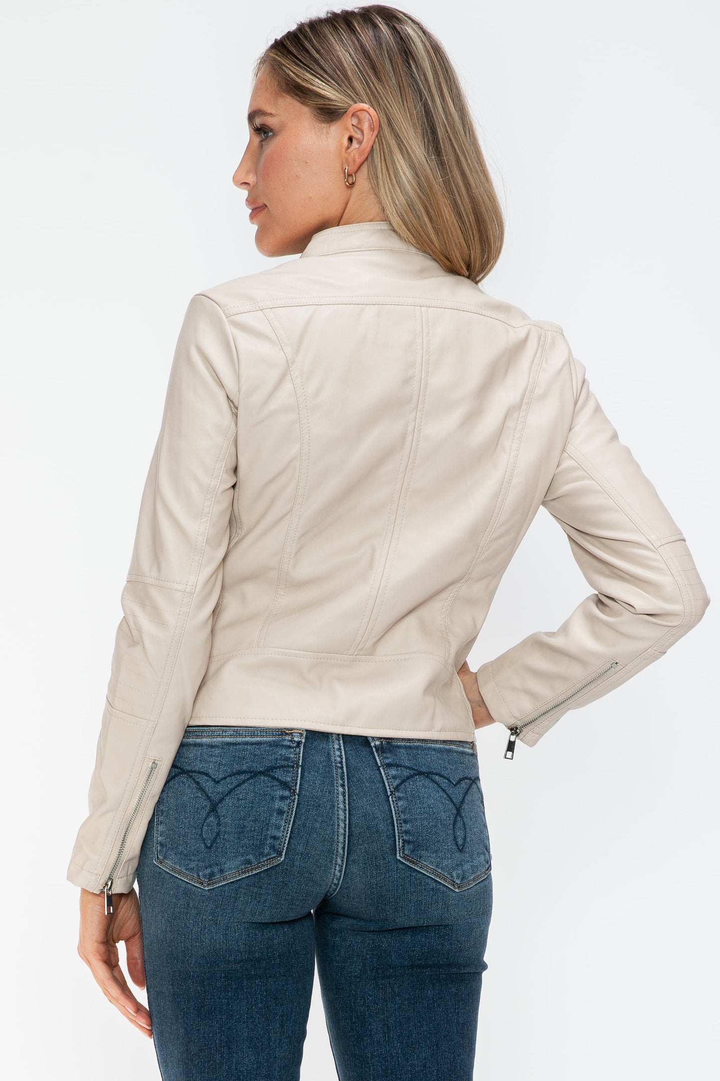 PU Leather Zip Up Jacket with Pockets in Sand Color