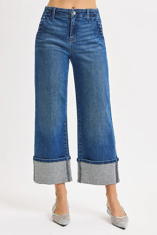 RISEN High Rise Ankle Wide Rhine Stone Cuffed Jeans - Tigbul's Variety Fashion Shop