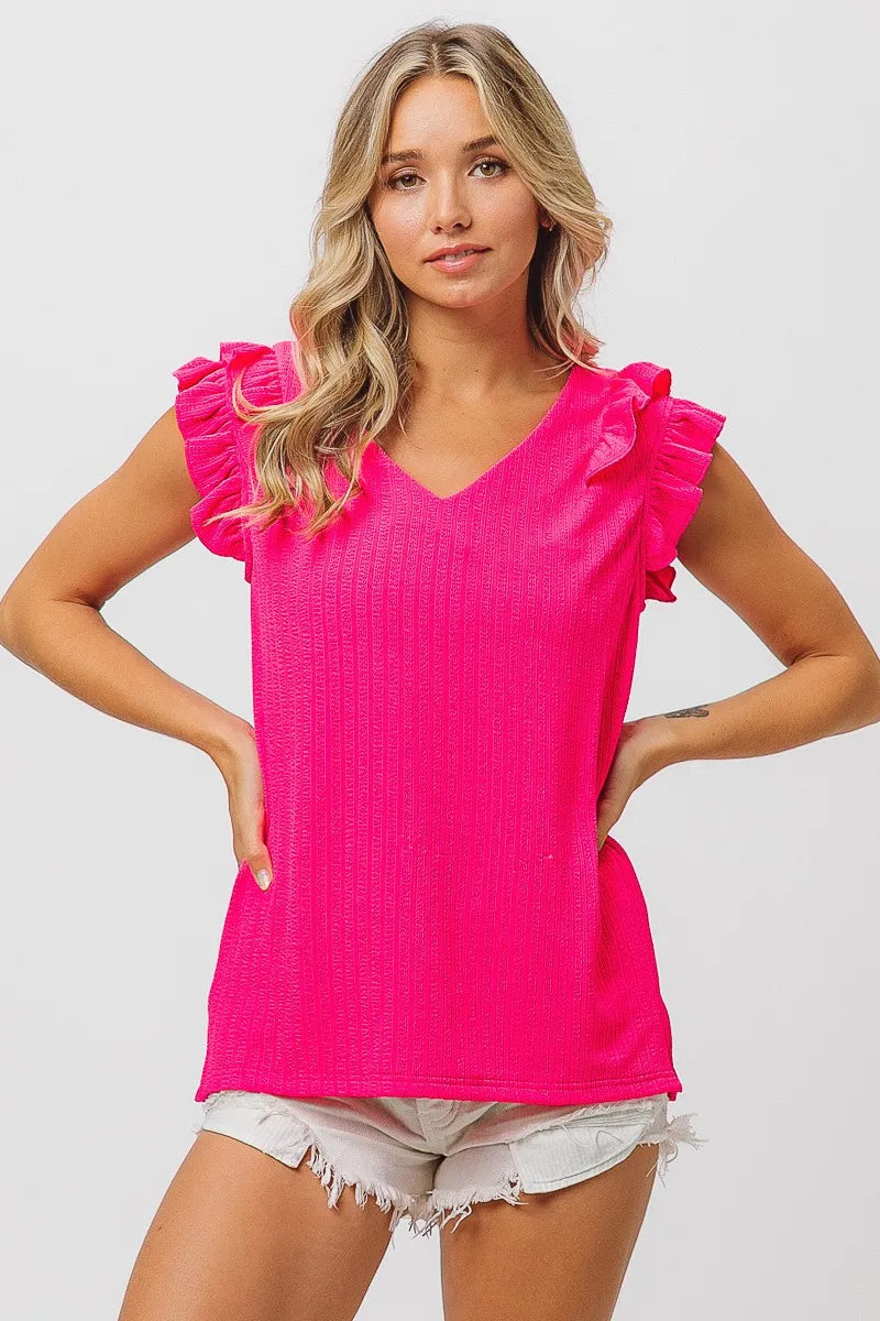 BiBi Layered Ruffles Armhole V-neck Rib Textured Top - Tigbul's Variety Fashion Shop