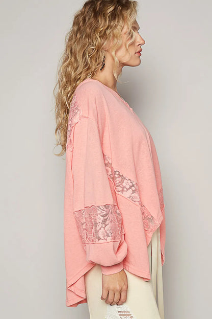 POL V-Neck Long Sleeve T-Shirt with Lace Detail - Tigbul's Variety Fashion Shop