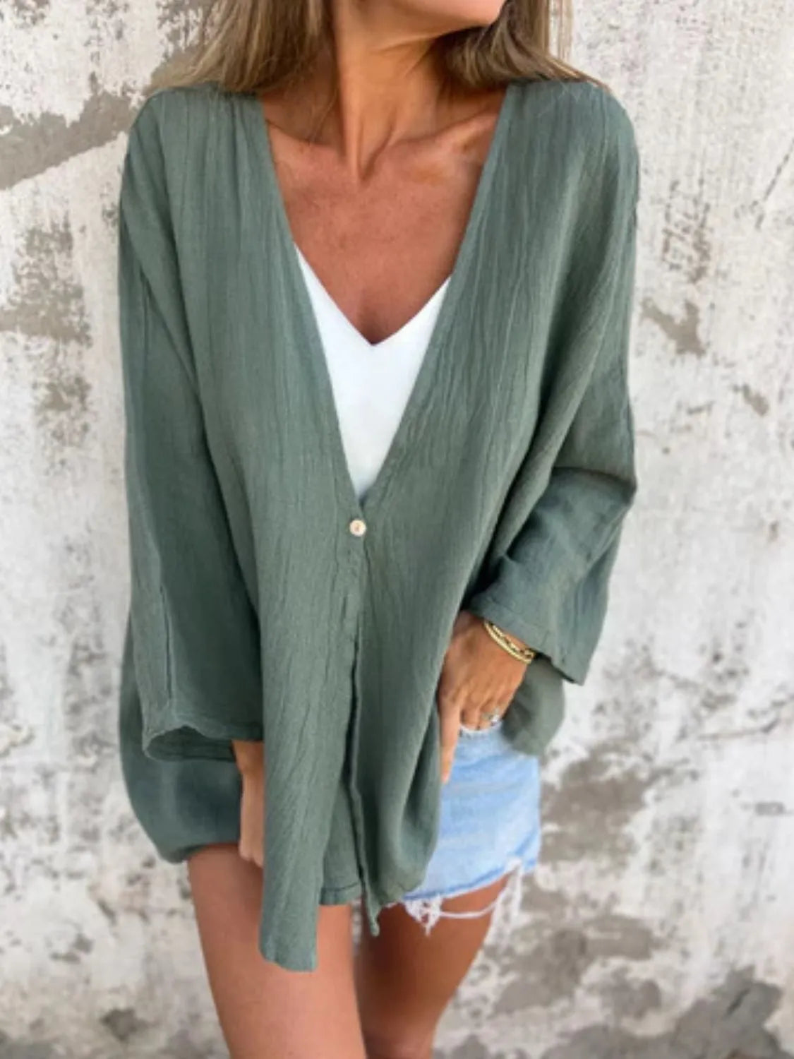 Full Size One Button Long Sleeve Shirt - Tigbul's Variety Fashion Shop