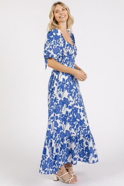 Royal Blue Cutout Back Floral Sweetheart Neck Puff Sleeve Dress - Tigbul's Variety Fashion Shop