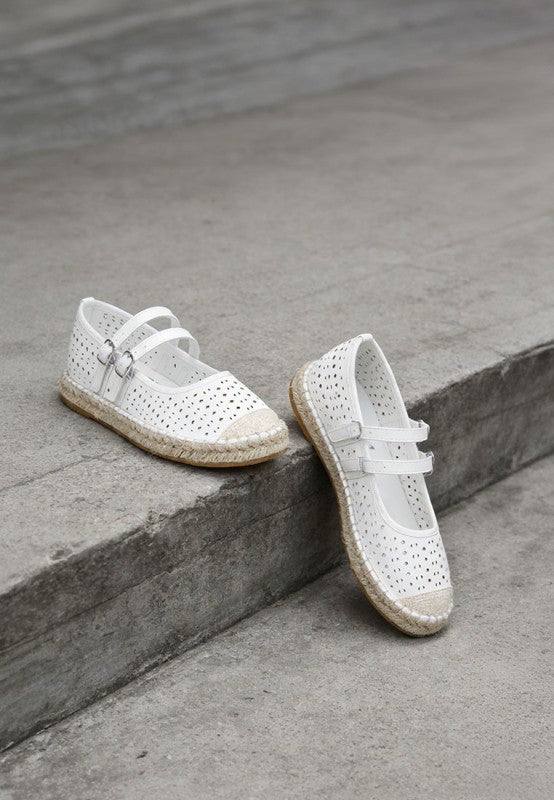 White woven dual buckle sandals with perforated uppers and espadrille-style platform sole