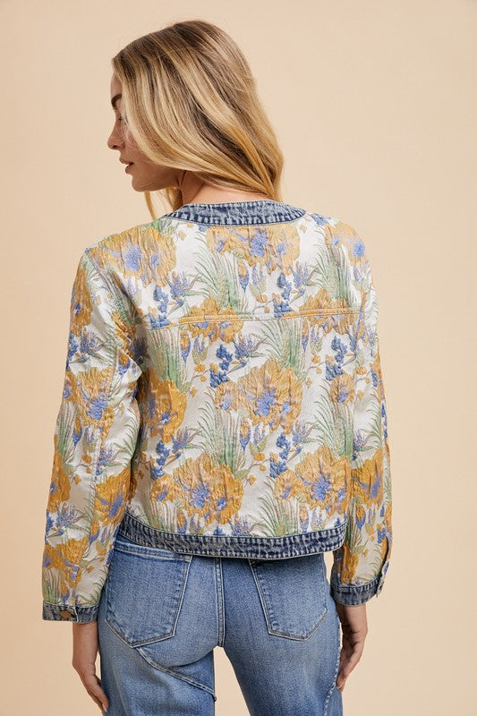 Annie Wear Floral Jacquard Denim Contrast Button Down Jacket - Tigbul's Variety Fashion Shop