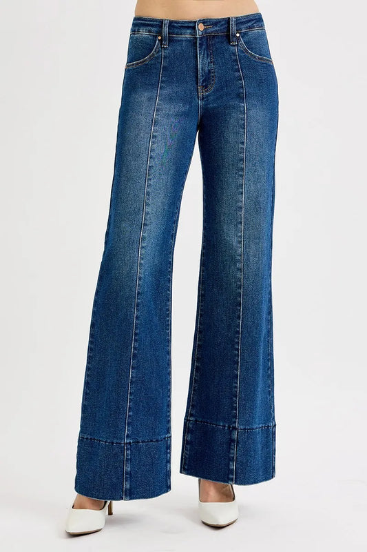 RISEN Full Size Tummy Control Mid Rise Ankle Wide Flare Jeans Plus Size - Tigbul's Variety Fashion Shop