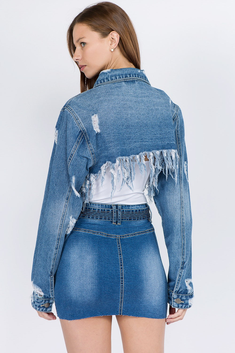 American Bazi Distressed Denim Jacket with Frayed Hem - Tigbul's Variety Fashion Shop